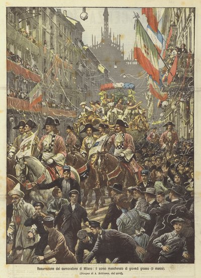 Heropleving van het carnaval van Milaan, de gemaskerde parade van Vette Donderdag (9 maart) door Achille Beltrame