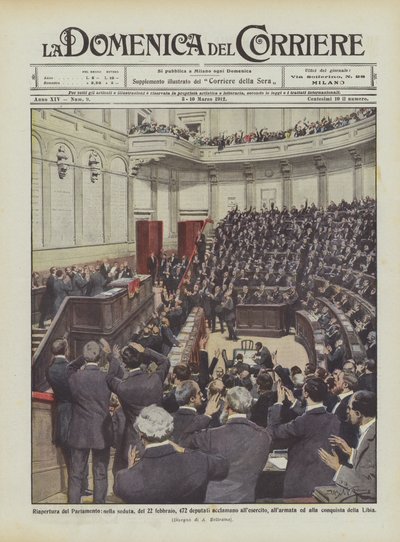 Heropening van het Parlement, in de zitting van 22 februari, 472 afgevaardigden juichen het leger toe ? door Achille Beltrame