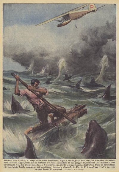 Alleen op zee, voor de Amerikaanse kust, na het schipbreuk van een schip door Achille Beltrame