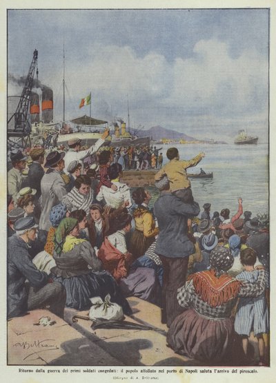 Terugkeer van de oorlog van de eerste ontslagen soldaten, het volk verzameld in de haven van Napels begroet ? door Achille Beltrame