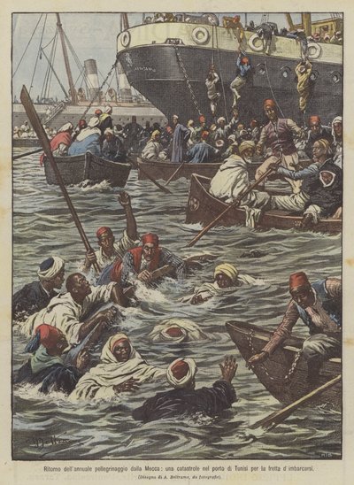 Terugkeer van de jaarlijkse pelgrimstocht uit Mekka, een ramp in de haven van Tunis door de haast om aan boord te gaan door Achille Beltrame