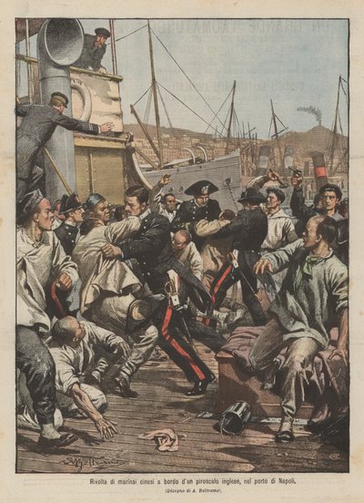 Opstand van Chinese matrozen aan boord van een Engelse stoomboot, in de haven van Napels door Achille Beltrame
