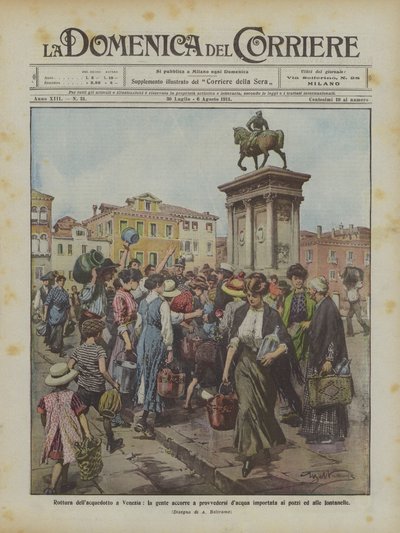 Breuk van het aquaduct in Venetië, mensen haasten zich om water te halen bij de putten en fonteinen door Achille Beltrame