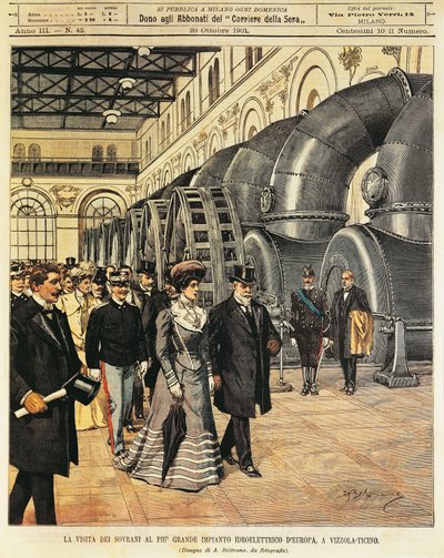 Royals bezoeken grootste waterkrachtcentrale van Europa in Vizzola Ticino (illustratie) door Achille Beltrame