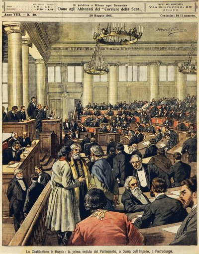 Russische Grondwet: eerste vergadering van het Parlement in Sint-Petersburg, door Achille Beltrame, uit La Domenica del Corriere, 20 mei 1906 door Achille Beltrame