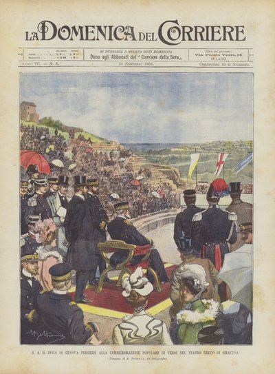 SA de hertog van Genua zit de volksherdenking van Verdi voor in het Griekse theater van Syracuse door Achille Beltrame