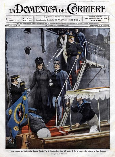 Trieste terugkeer naar Italië van koningin Maria Pia van Portugal na 48 jaar: de Italiaanse koning Victor Emmanuel III ontving haar in San Rossore in Toscane. Illustratie door Beltrame. La Domenica del Corriere. 6/11/1910 door Achille Beltrame