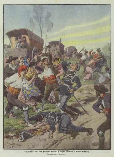 Bloedig gevecht tussen Franse gendarmes en Andalusische zigeuners in Lunel (Frankrijk) door Achille Beltrame