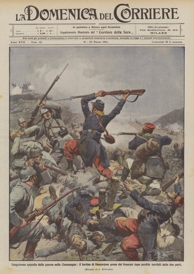Bloedig voorval in de oorlog in Champagne, het fort van Beausejour door de Fransen ingenomen door Achille Beltrame