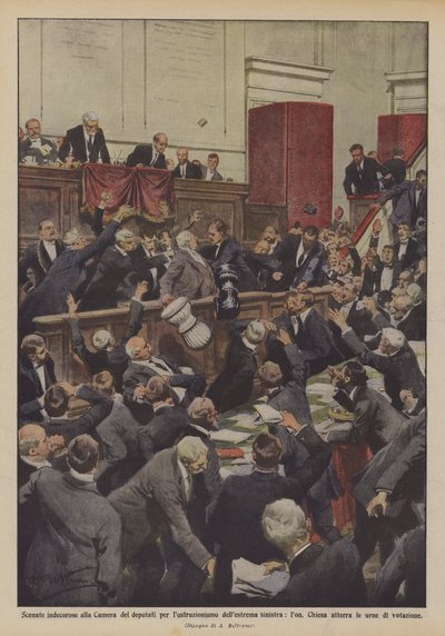 Schandalige scènes in de Kamer van Afgevaardigden door obstructie van de uiterste linkerzijde door Achille Beltrame