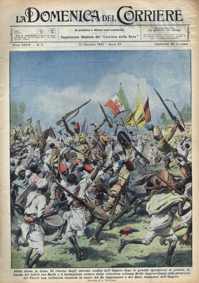 Scène van vreugde in Addis Abeba (Addis Abeba), Ethiopië, terugkeer van Ras Hailou van grote politieoperaties. Defilé ter ere van de Duce (Benito Mussolini) en de koning van Ethiopië. Illustratie van Achille Beltrame in 