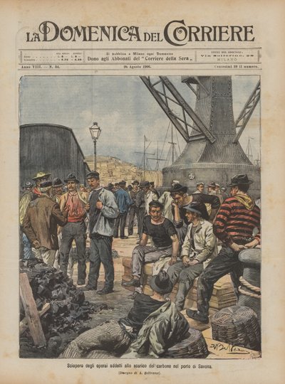 Staking van de arbeiders die verantwoordelijk zijn voor het lossen van kolen in de haven van Savona door Achille Beltrame