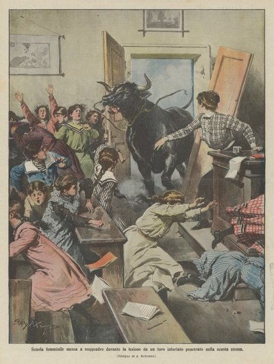 Meisjesschool overhoop gehaald tijdens de les door een woedende stier die de school binnendrong door Achille Beltrame