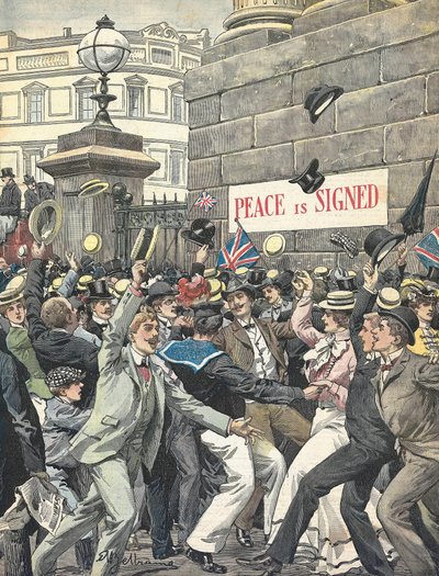 Tweede Boerenoorlog. Aankondiging van het einde van de oorlog in de straten van Londen. Illustratie door Antonio Beltrame. “La Domenica del Corriere” door Achille Beltrame
