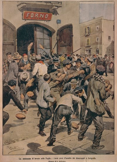 Ernstig tekort aan werk in Apulië, Ovens bestormd door werklozen van Cerignola, door Achille Beltrame, illustratie, Illustrator Achille Beltrame (1871-1945), uit La Domenica del Corriere, 20 december 1908 door Achille Beltrame