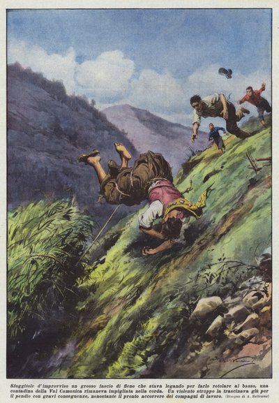 Plotseling liet ze een grote bundel hooi vallen die ze aan het binden was om naar beneden te rollen door Achille Beltrame