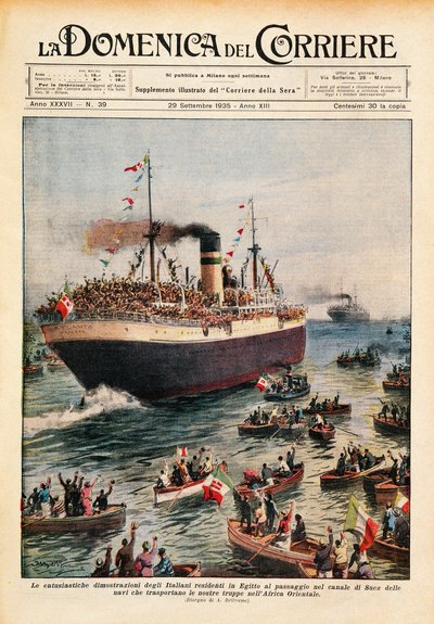Schepen die Italiaanse troepen naar Oost-Afrika vervoeren, steken het Suezkanaal over, illustratie uit La Domenica del Corriere, 20 oktober door Achille Beltrame