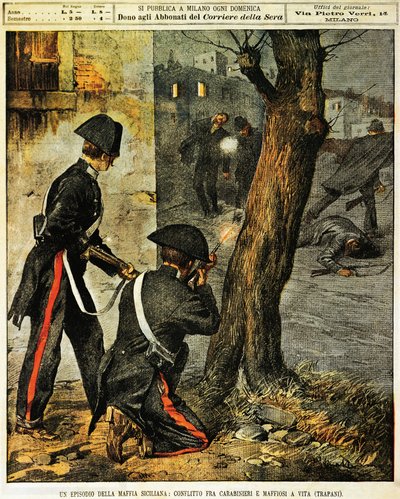 Siciliaanse maffia gebeurtenis, gevechten tussen carabinieri en maffia gangsters in Trapani, door Achille Beltrame, illustratie, van La Domenica del Corriere, 31 december 1899 door Achille Beltrame