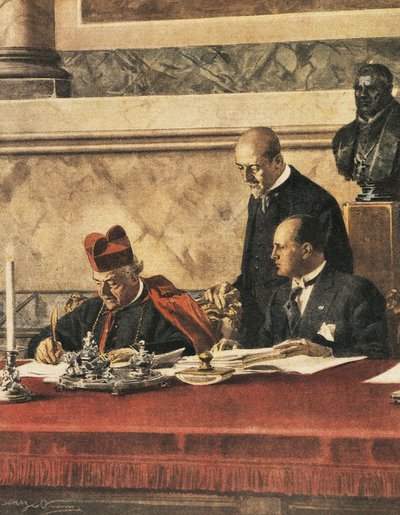 Ondertekening van het Verdrag van Lateranen tussen kardinaal P. Gasparri en B. Mussolini door Achille Beltrame