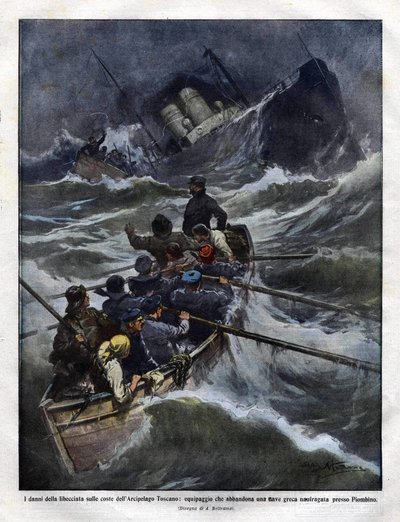 Zinken van een Italiaanse boot voor de kust van Toscane in 1910. illustratie door Achilles Beltrame door Achille Beltrame
