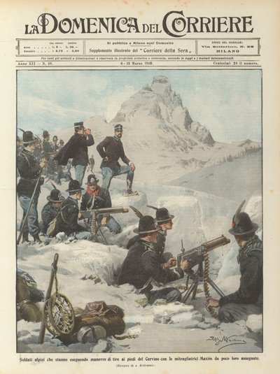 Alpinesoldaten die schietoefeningen uitvoeren aan de voet van de Matterhorn met machinegeweren door Achille Beltrame