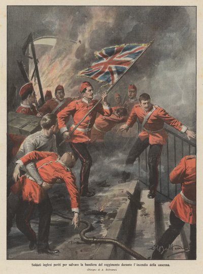 Engelse soldaten omgekomen om de vlag van het regiment te redden tijdens de brand in de kazerne door Achille Beltrame