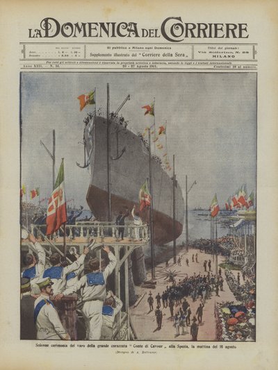 Plechtige ceremonie van de tewaterlating van het grote slagschip Conte di Cavour in La Spezia, op de ochtend van 10 augustus door Achille Beltrame