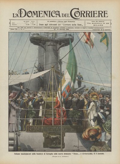 Plechtige hijsing van de strijdvlag op het nieuwe slagschip Roma in Civitavecchia, op de 3e van deze maand door Achille Beltrame