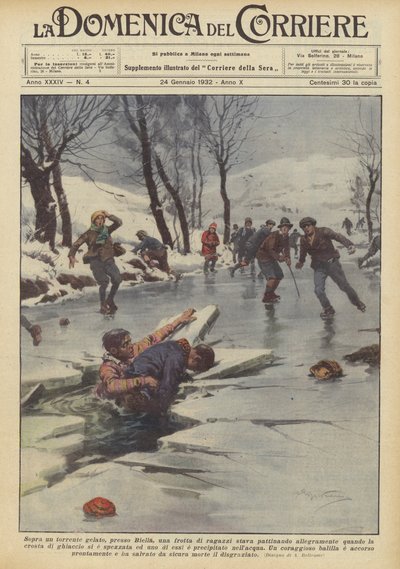 Boven een bevroren stroom bij Biella schaatsten een groep jongens vrolijk door Achille Beltrame