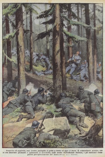 Verrast en omsingeld, gooit een van onze patrouilles zich op de grond en opent het vuur door Achille Beltrame