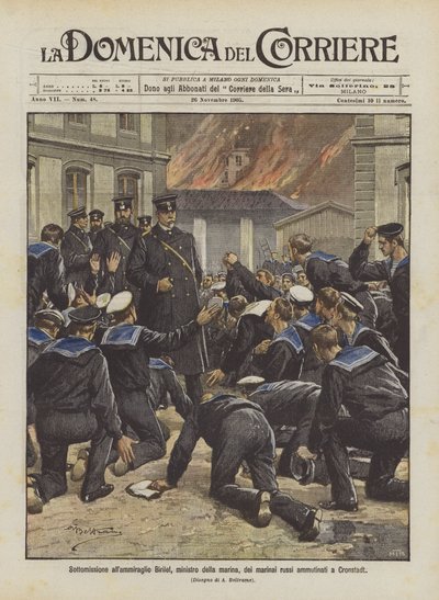 Onderwerping aan admiraal Birilef, minister van marine, van de muitende Russische matrozen in Kronstadt door Achille Beltrame