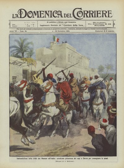Onderwerping van de Mansur-stam aan Italië, kleurrijke rit van de leiders naar Derna om de wapens over te geven door Achille Beltrame