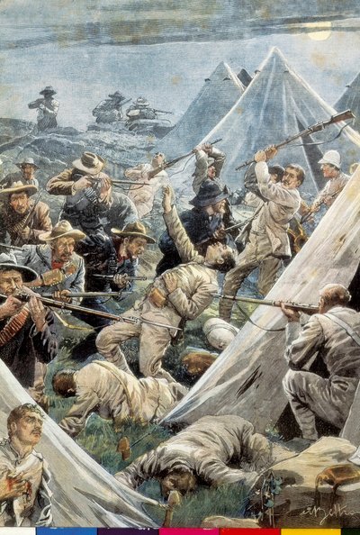 Zuid-Afrika. Tweede Boerenoorlog. Aanval op het Engelse kamp van Tweefontein (1902). Illustratie door Achille Beltrame. Gravure. door Achille Beltrame
