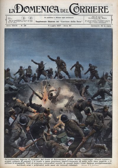 Spaanse Burgeroorlog: Een divisie Italiaanse vrijwilligers vlucht voor het Spaanse Republikeinse Leger in de regio Mérida, Spanje. Illustratie van Achille Beltrame in “La domenica del Corriere” van 11/07/1937. door Achille Beltrame