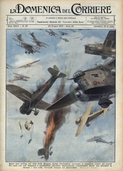 Spaanse Burgeroorlog: Luchtgevechten tussen republikeinse en nationalistische vliegtuigen boven Spanje in oorlog. Illustratie van Achille Beltrame in 