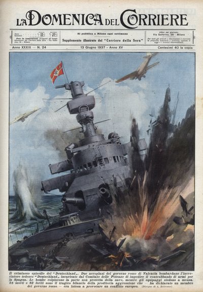 Spaanse Burgeroorlog: Twee vliegtuigen van de Republikeinse regering in Valencia bombardeerden de Duitse kruiser Deutschland om wapenhandel naar Spanje te voorkomen. Illustratie van Achille Beltrame in 