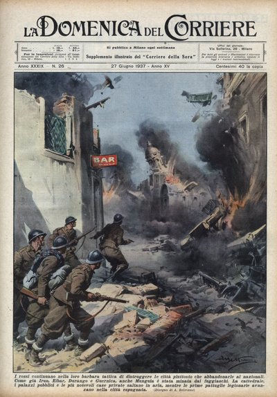 Spaanse Burgeroorlog: gevechten in de straten van Baskische steden, met Republikeinen die alles vernietigen in plaats van de steden aan nationalisten over te laten. Illustratie van Achille Beltrame in 