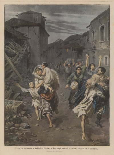 Vreselijke aardbeving in Calabrië en Sicilië, de vlucht van de angstige inwoners bij zonsopgang op 28 december door Achille Beltrame