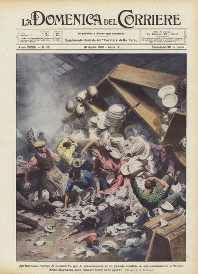 Spectaculaire instorting van keramiek door het breken van een groot rek in een fabriek in Milaan door Achille Beltrame