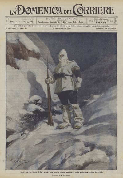 Aan de uiterste grenzen van de oorlog, een van onze voorposten, in de pittoreske winteruitrusting door Achille Beltrame