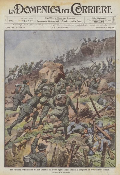 Aan de noordelijke helling van de Pal Grande, valt een van onze alpini-eenheden een vijandelijke loopgraaf aan en verovert deze door Achille Beltrame