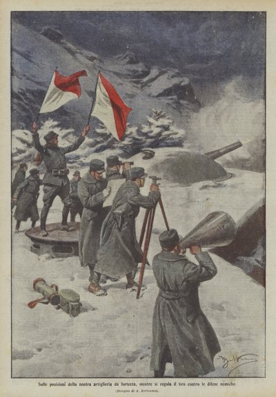 Op de posities van onze vestingartillerie, terwijl het schot wordt afgesteld tegen de vijandelijke verdedigingen door Achille Beltrame