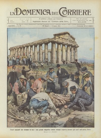 Verborgen schatten die weer aan het licht komen, een groot en prachtig Romeins standbeeld ontdekt tijdens opgravingen door Achille Beltrame