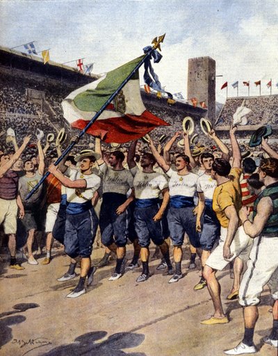 De Olympische Spelen van Stockholm 1912: het winnende Italiaanse gymnastiekteam. Ill. d