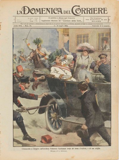 De moord op aartshertog Franz Ferdinand van Oostenrijk en zijn vrouw in Sarajevo door Achille Beltrame