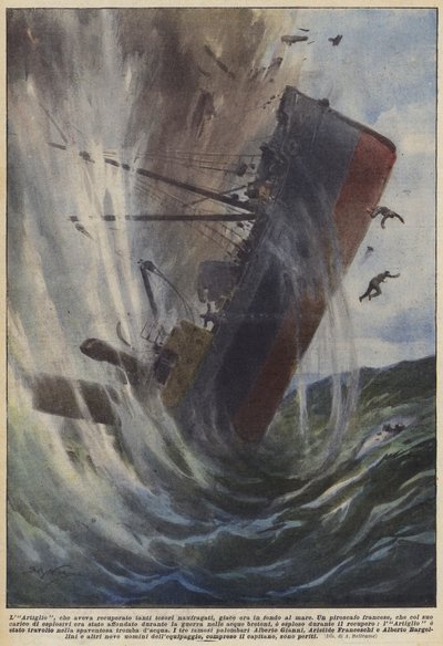 De Klauw, die zoveel scheepswrakken had geborgen, ligt nu op de bodem van de zee door Achille Beltrame