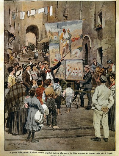 De Domenica del Corriere (Italiaanse zondagskrant) van 8 december 1910, Volksliederen geïnspireerd door de oorlog in Libië gezongen in Napels door balladzangers, door Achille Beltrame, illustratie door Achille Beltrame