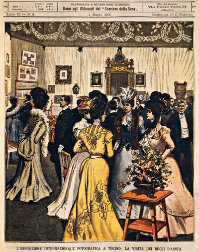 De hertogen van Aosta bijwonen Internationale Fotografie Tentoonstelling in Turijn, door Achille Beltrame (1871-1945), uit La Domenica del Corriere, 4 maart 1900 door Achille Beltrame