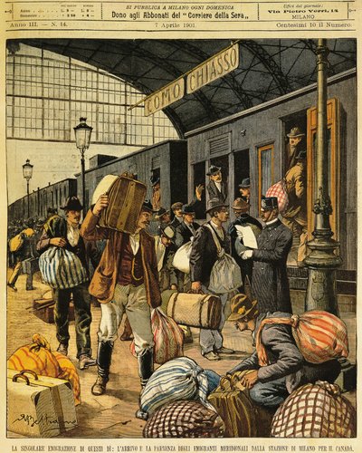 De Grote Emigratie: aankomsten en vertrekken van Zuid-Italiaanse emigranten naar Canada, door Achille Beltrame (1871-1945), uit La Domenica del Corriere, 7 april 1901 door Achille Beltrame