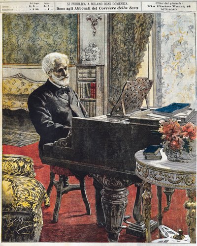De Italiaanse componist Giuseppe Verdi in zijn studeerkamer, plaat door Achille Beltrame, La Domenica del Corriere, 8 oktober door Achille Beltrame